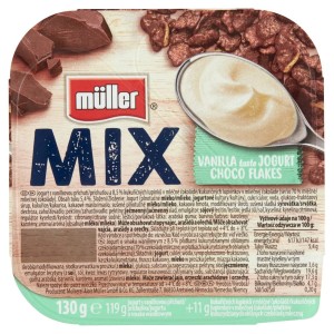 MULLER JOGURT MIX O SMAKU WANILIOWYM Z PŁATKAMI KUKURYDZIANYMI W CZEKOLADZIE 130G